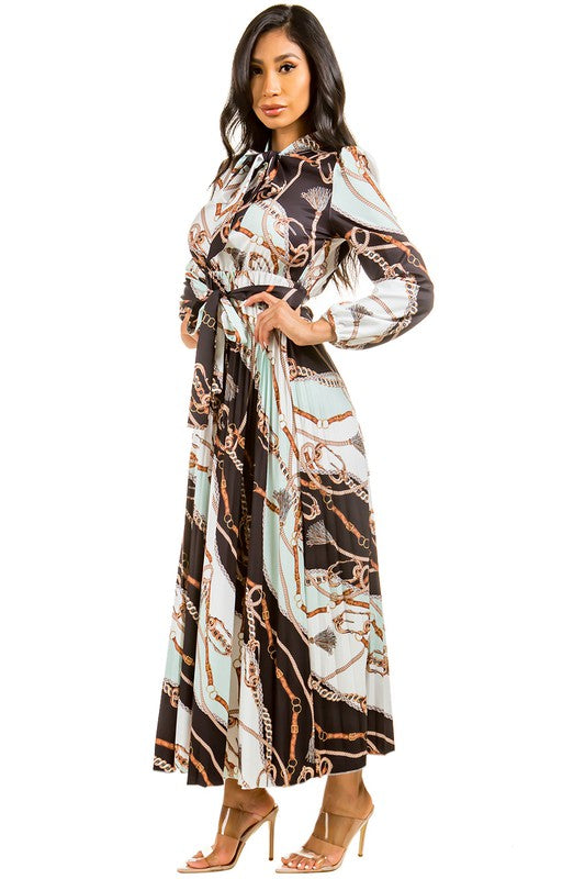 Pleated Long Sleeve Bow Tie Fashion Dress