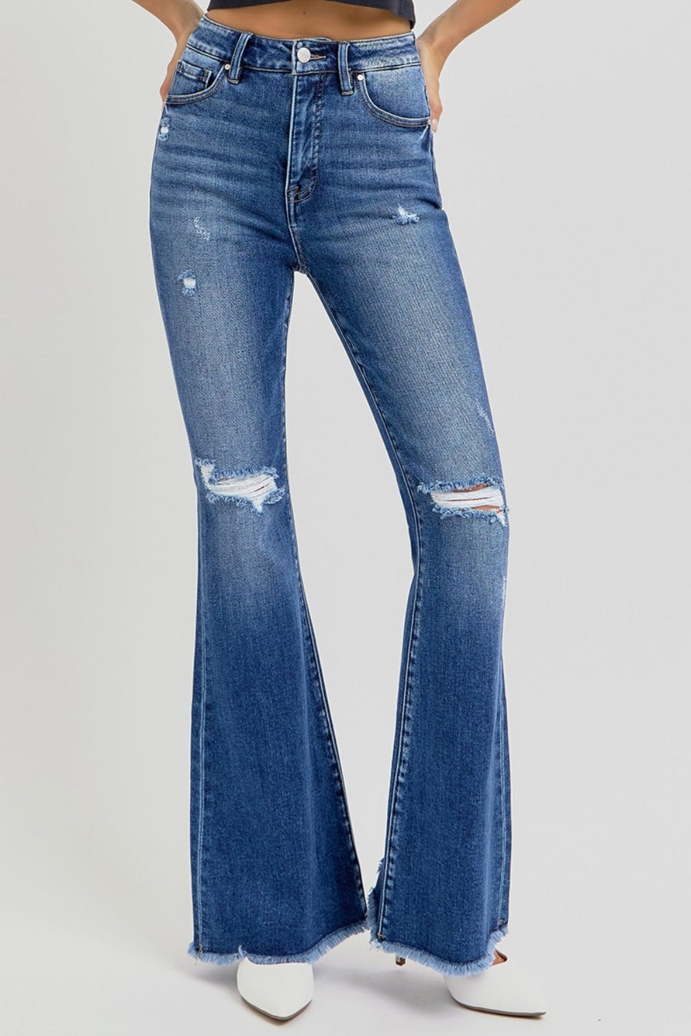 Full Size High Rise Distressed Raw Hem Flare Jeans