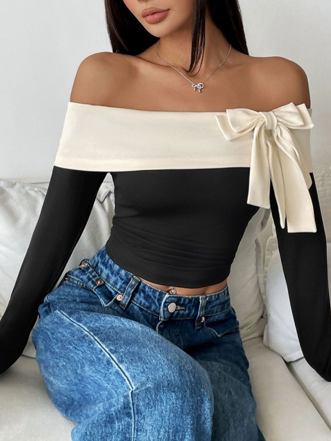 Bow Contrast Off-Shoulder Long Sleeve Top