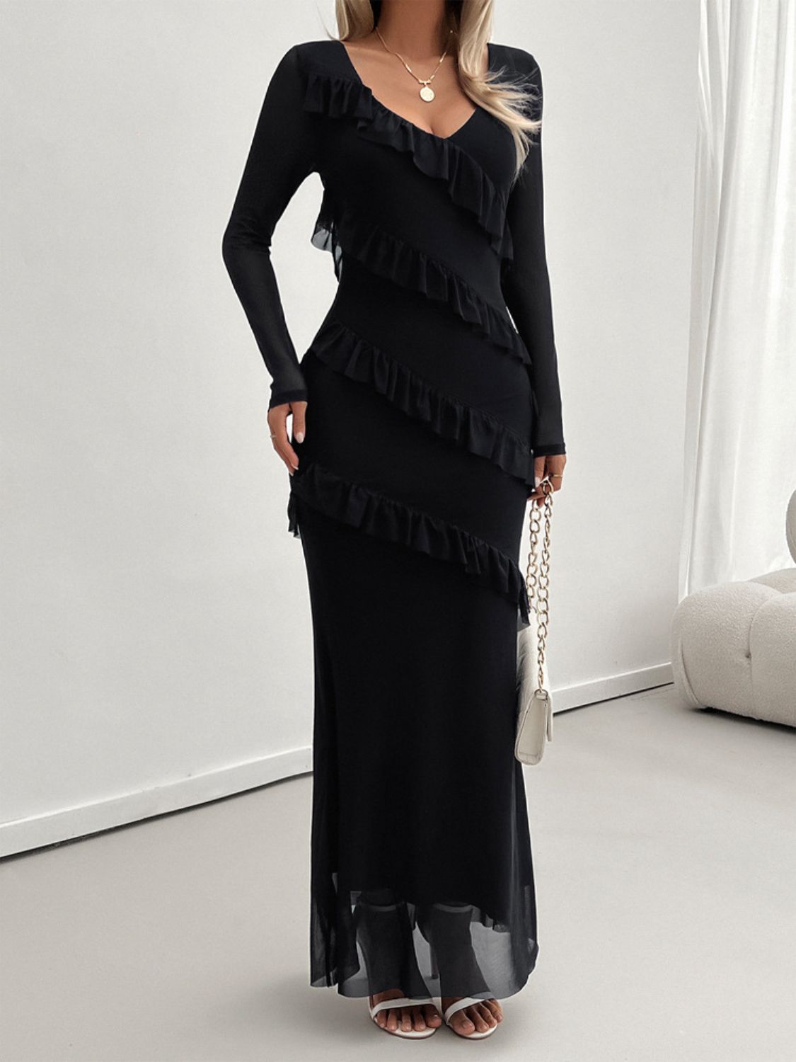 Ruffled Surplice Long Sleeve Maxi Dress