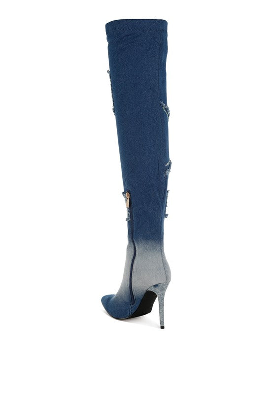 Rhinestones Knee High Denim Boots