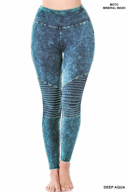 Mineral Washed Wide Waistband Moto Leggings