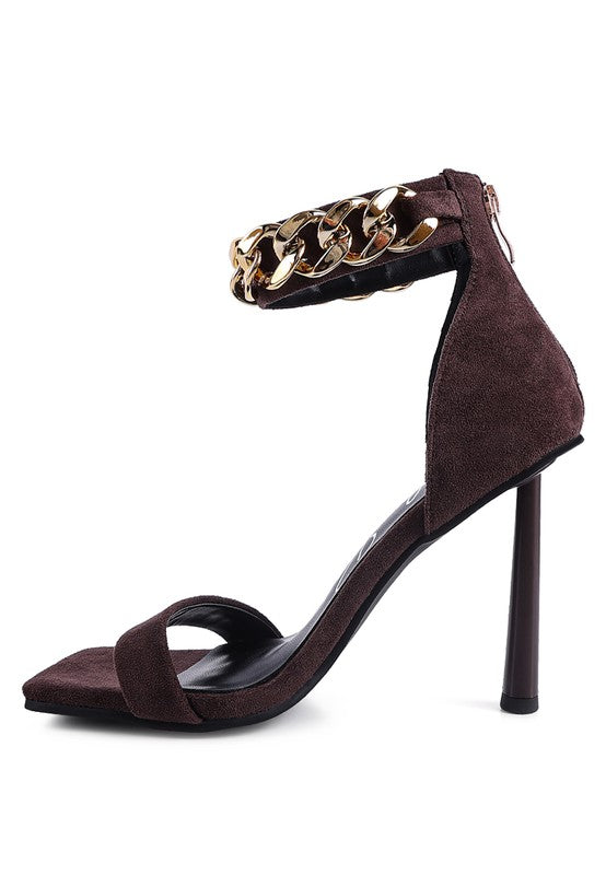 Heeled Faux Suede Chain Strap Sandal