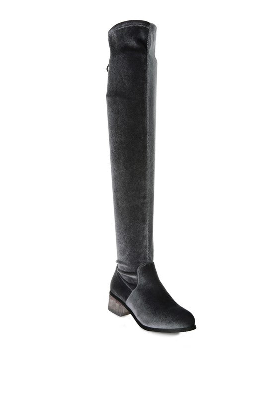 Velvet Over The Knee Clear Heel Boots