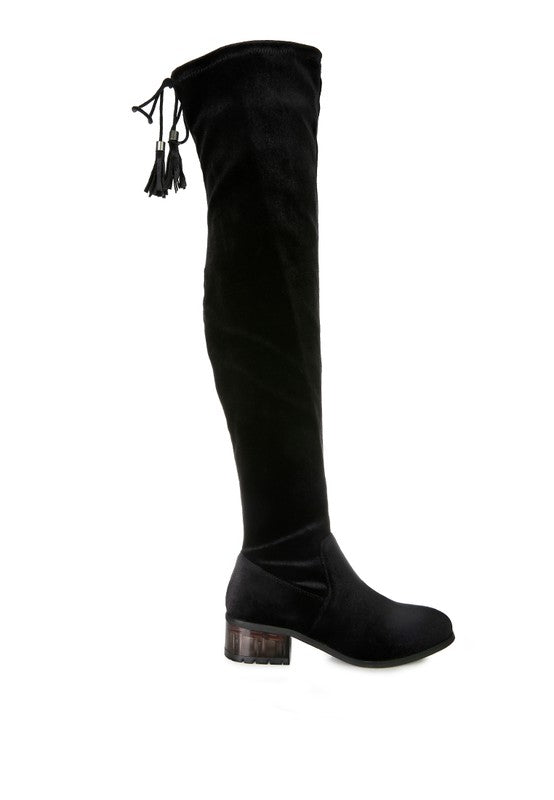 Velvet Over The Knee Clear Heel Boots