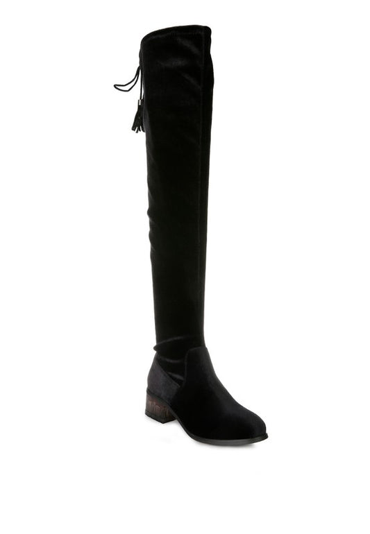 Velvet Over The Knee Clear Heel Boots