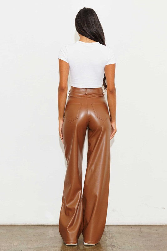 Chic Vegan Leather Wide Leg Pants