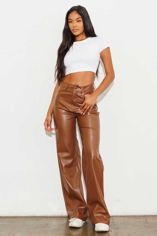 Chic Vegan Leather Wide Leg Pants