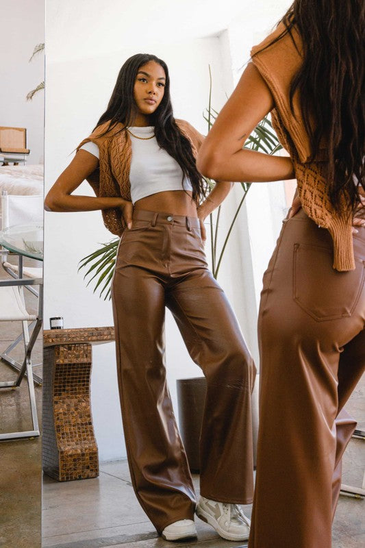 Chic Vegan Leather Wide Leg Pants