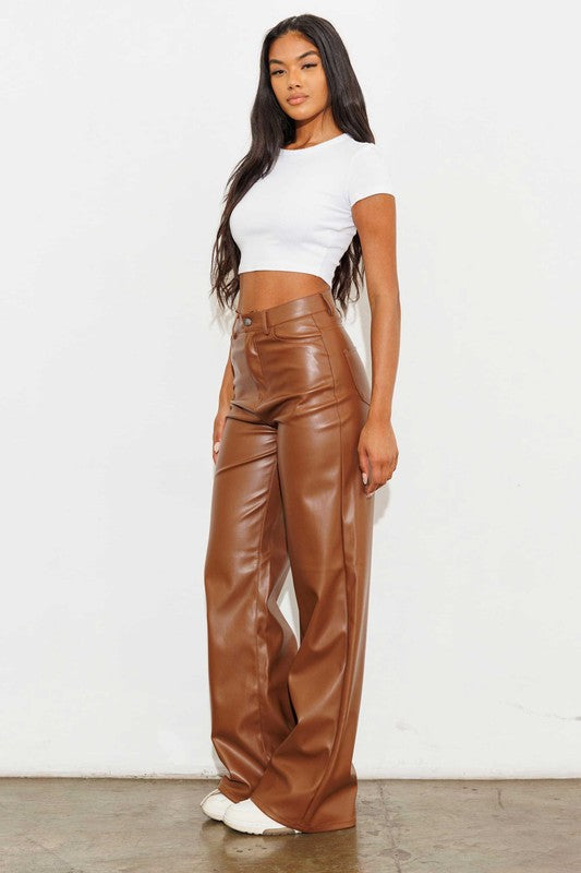 Chic Vegan Leather Wide Leg Pants