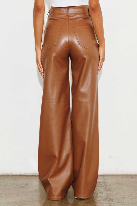 Chic Vegan Leather Wide Leg Pants