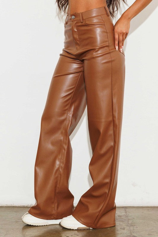 Chic Vegan Leather Wide Leg Pants