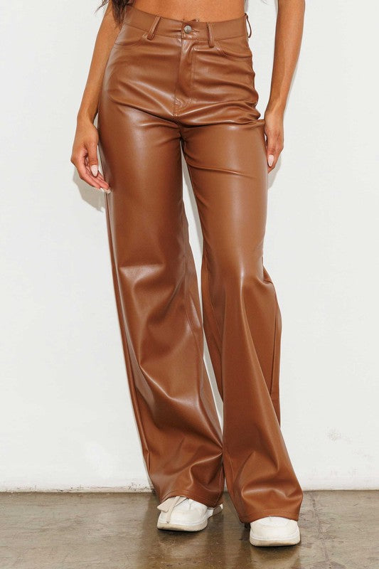 Chic Vegan Leather Wide Leg Pants