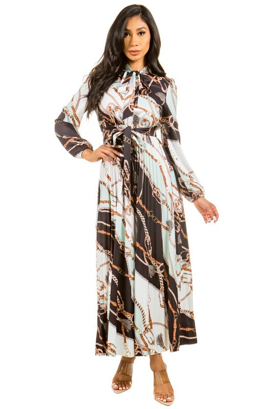 Pleated Long Sleeve Bow Tie Fashion Dress