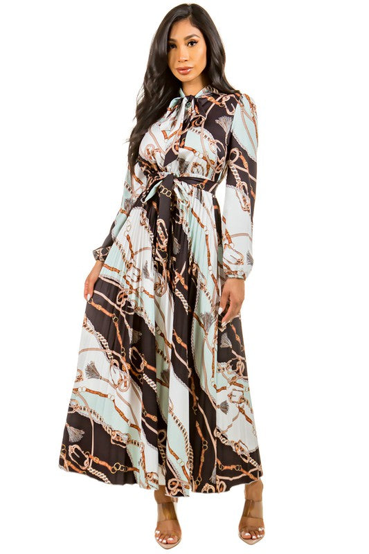 Pleated Long Sleeve Bow Tie Fashion Dress