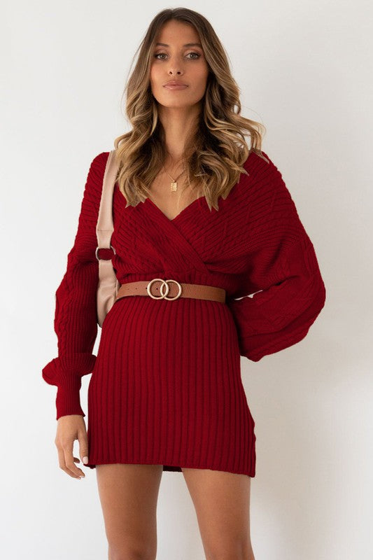Off Should Long Sleeve V-neck Sweater Dress