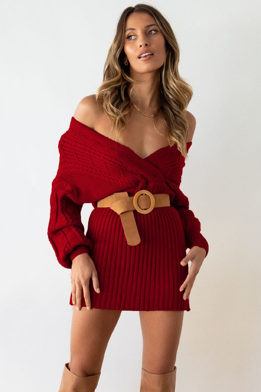 Off Should Long Sleeve V-neck Sweater Dress