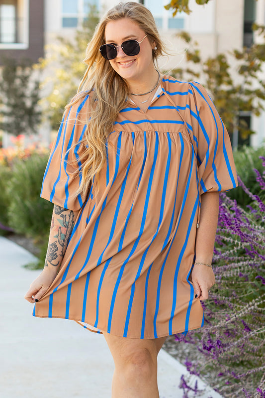 Plus Size Khaki Stripe Contrast Striped Print 3/4 Sleeve Babydoll Dress