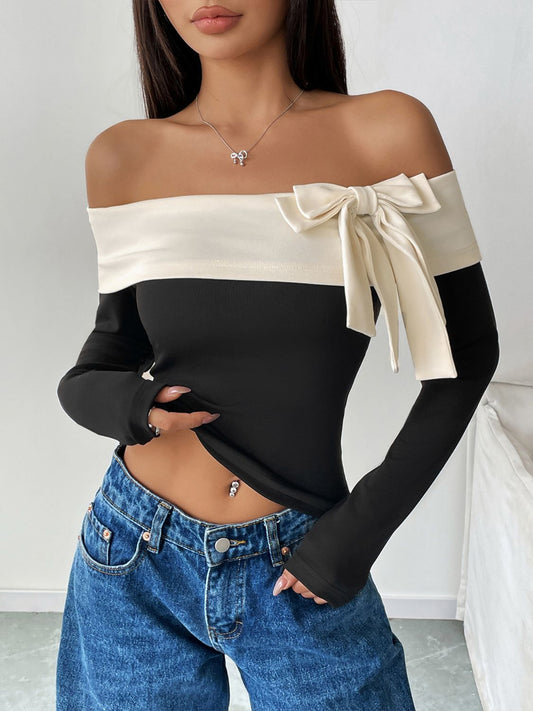 Bow Contrast Off-Shoulder Long Sleeve Top