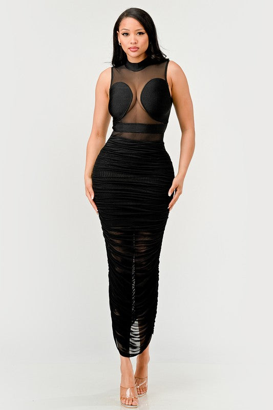 Sleek Black Sheer Illusion Midi Dress