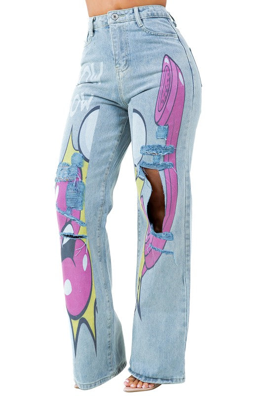 Graffiti Wide Leg Printed Jeans