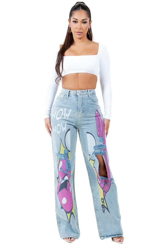 Graffiti Wide Leg Printed Jeans