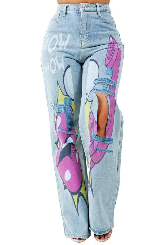 Graffiti Wide Leg Printed Jeans