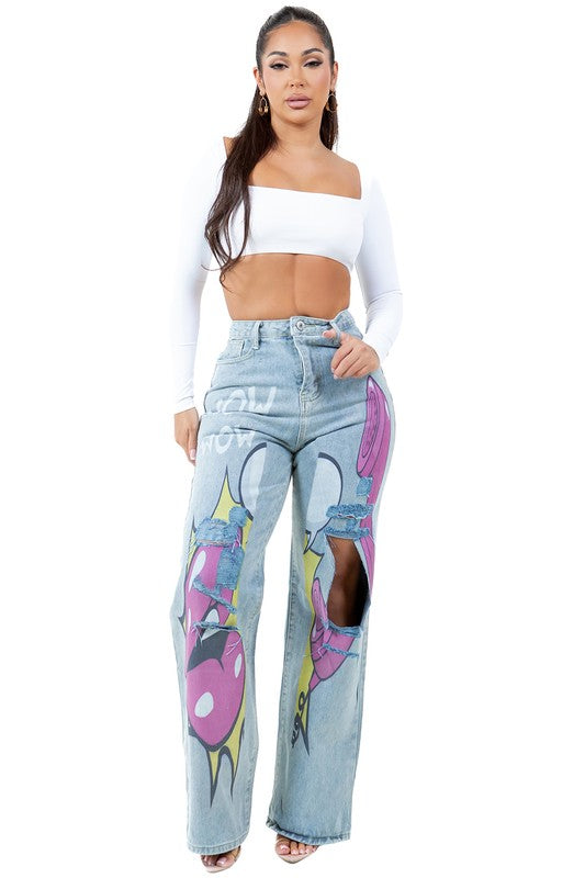 Graffiti Wide Leg Printed Jeans