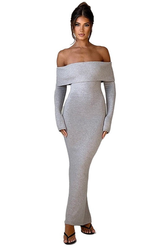Sexy Off Should Long Sleeve Knit Maxi Dress