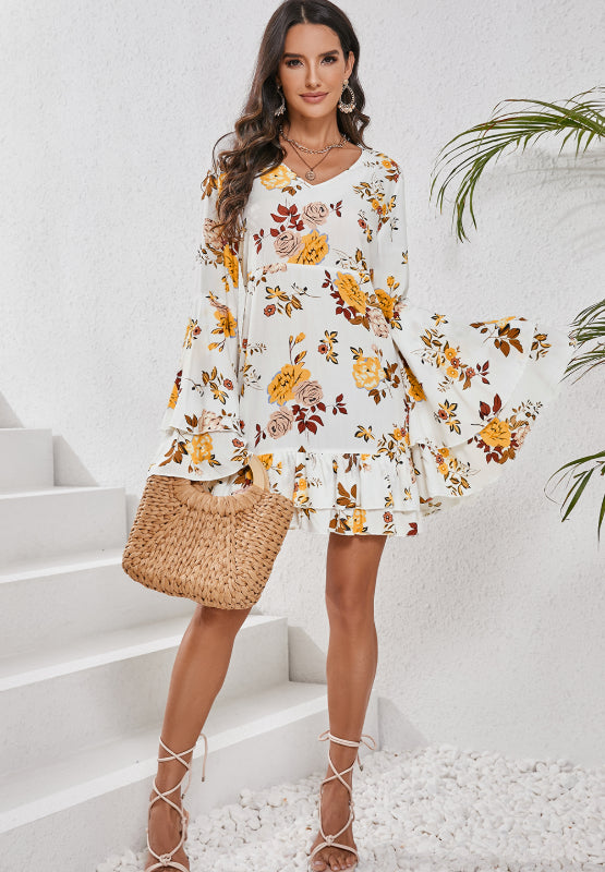 Printed V-Neck Flare Sleeve Mini Dress