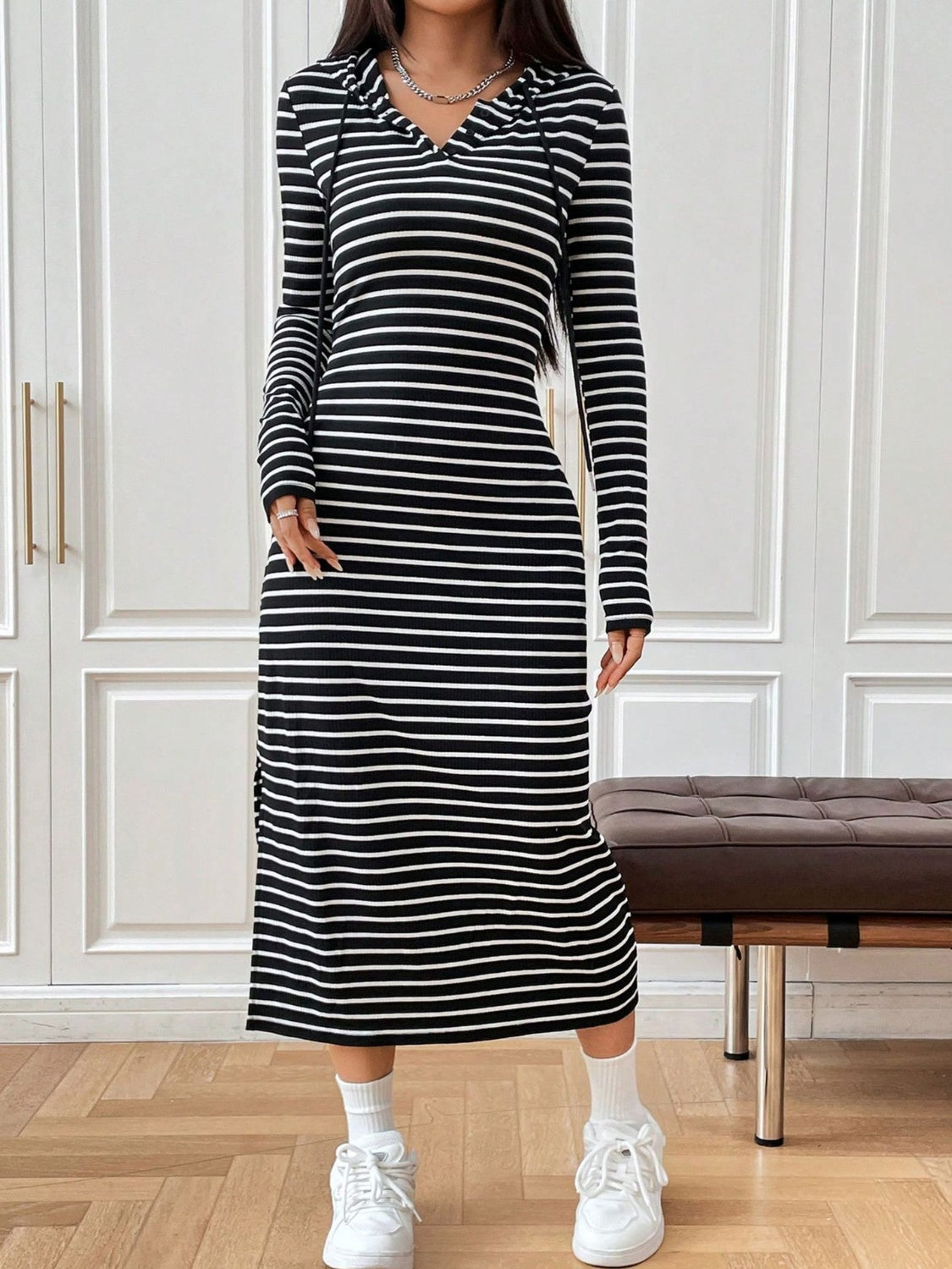 Drawstring Striped Long Sleeve Hooded Dress