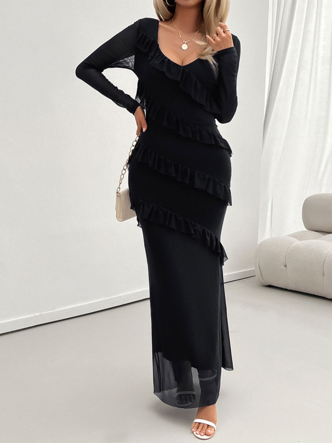 Ruffled Surplice Long Sleeve Maxi Dress