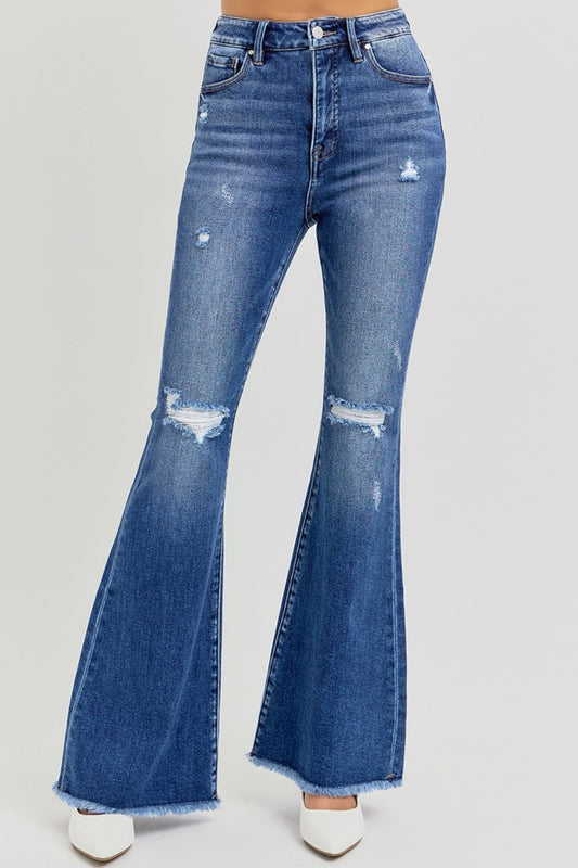 Full Size High Rise Distressed Raw Hem Flare Jeans