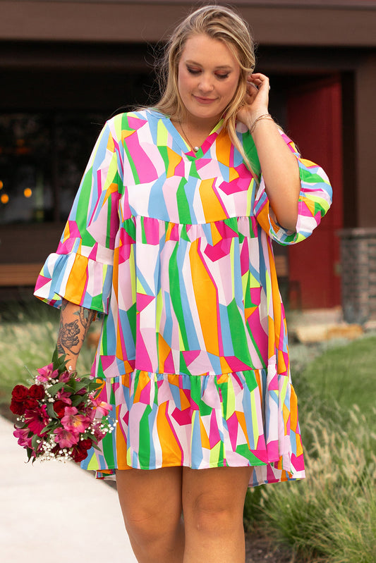 Multicolor Plus Size Vibrant Abstract Print Tiered Ruffled Mini Dress