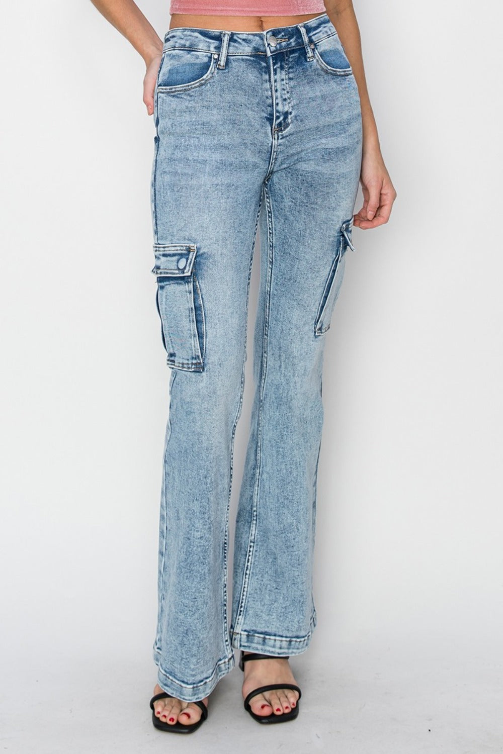 Full Size High Rise Cargo Flare Jeans