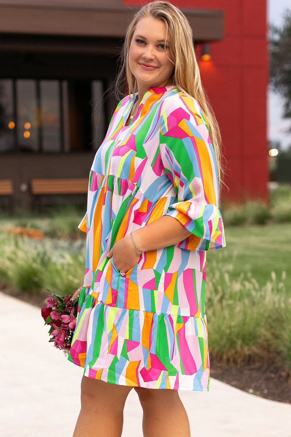 Multicolor Plus Size Vibrant Abstract Print Tiered Ruffled Mini Dress