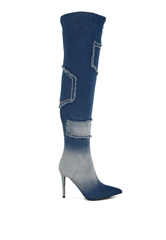 Rhinestones Knee High Denim Boots