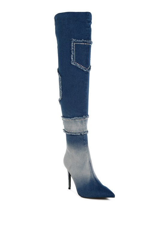 Rhinestones Knee High Denim Boots