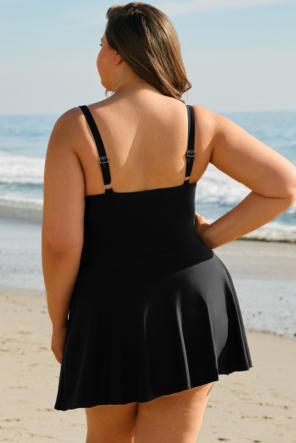 Plus Size Black Solid Pleated Ruffled One Piece Swim Dress