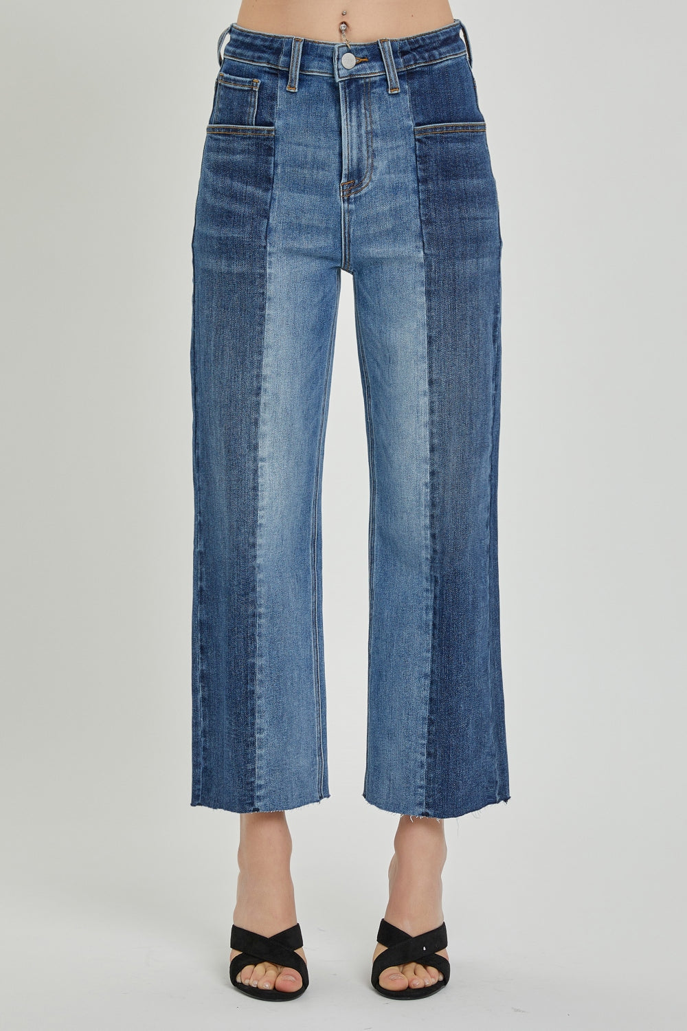 Full Size Mid-Rise Waist Two-Tones Jeans with Pockets