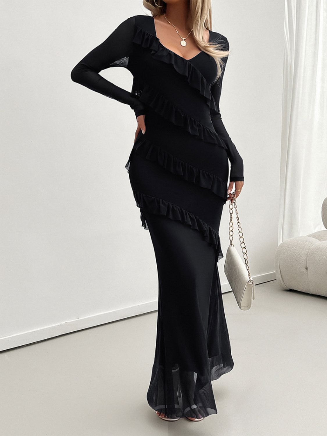 Ruffled Surplice Long Sleeve Maxi Dress