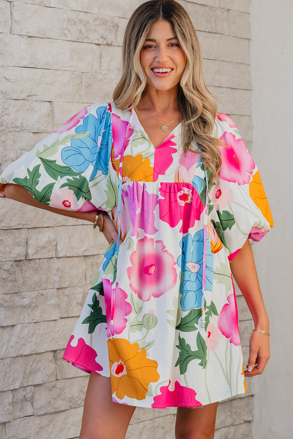Dark Blue Floral Print Split Neck Babydoll Dress