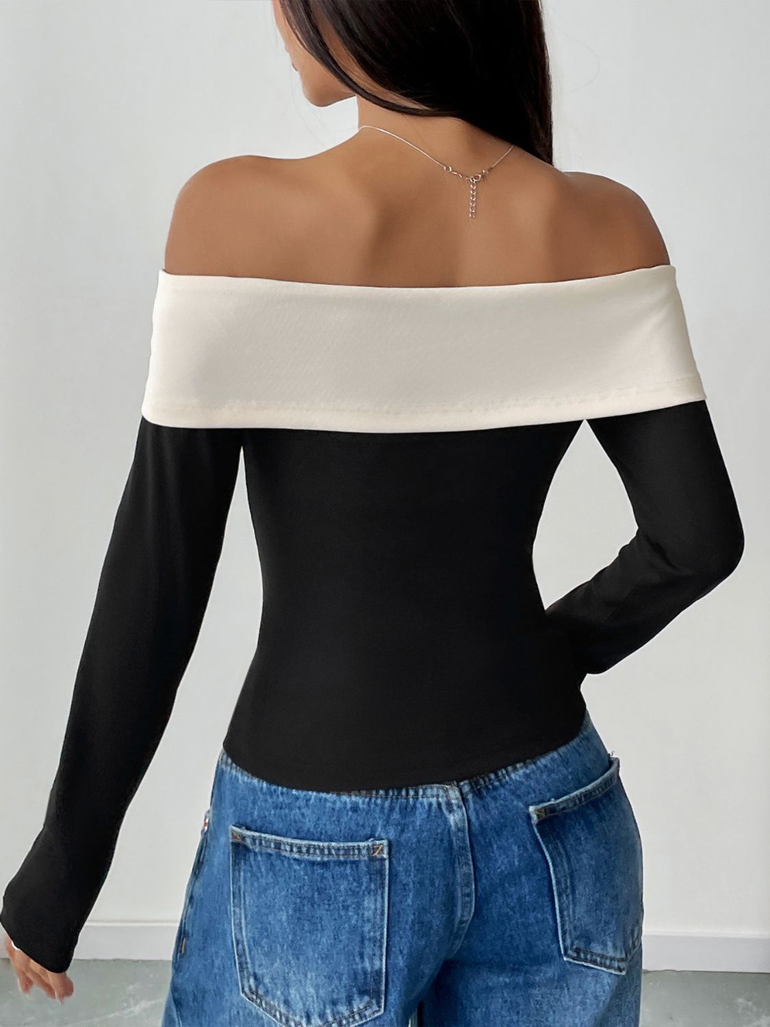 Bow Contrast Off-Shoulder Long Sleeve Top