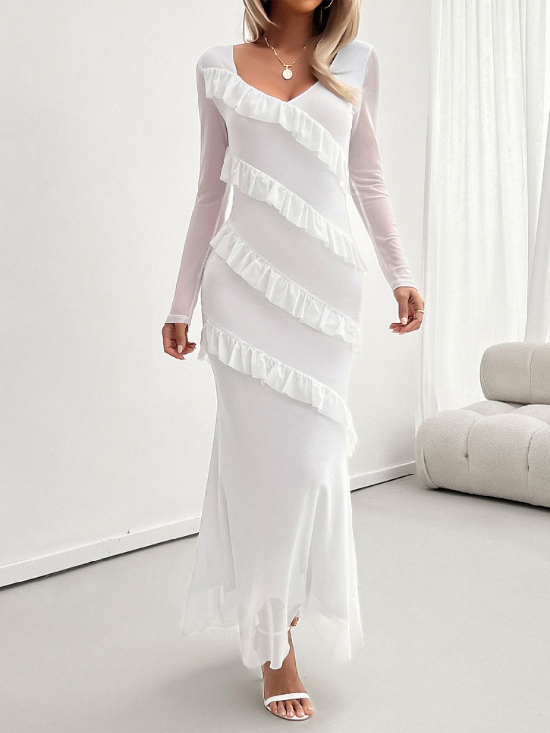 Ruffled Surplice Long Sleeve Maxi Dress