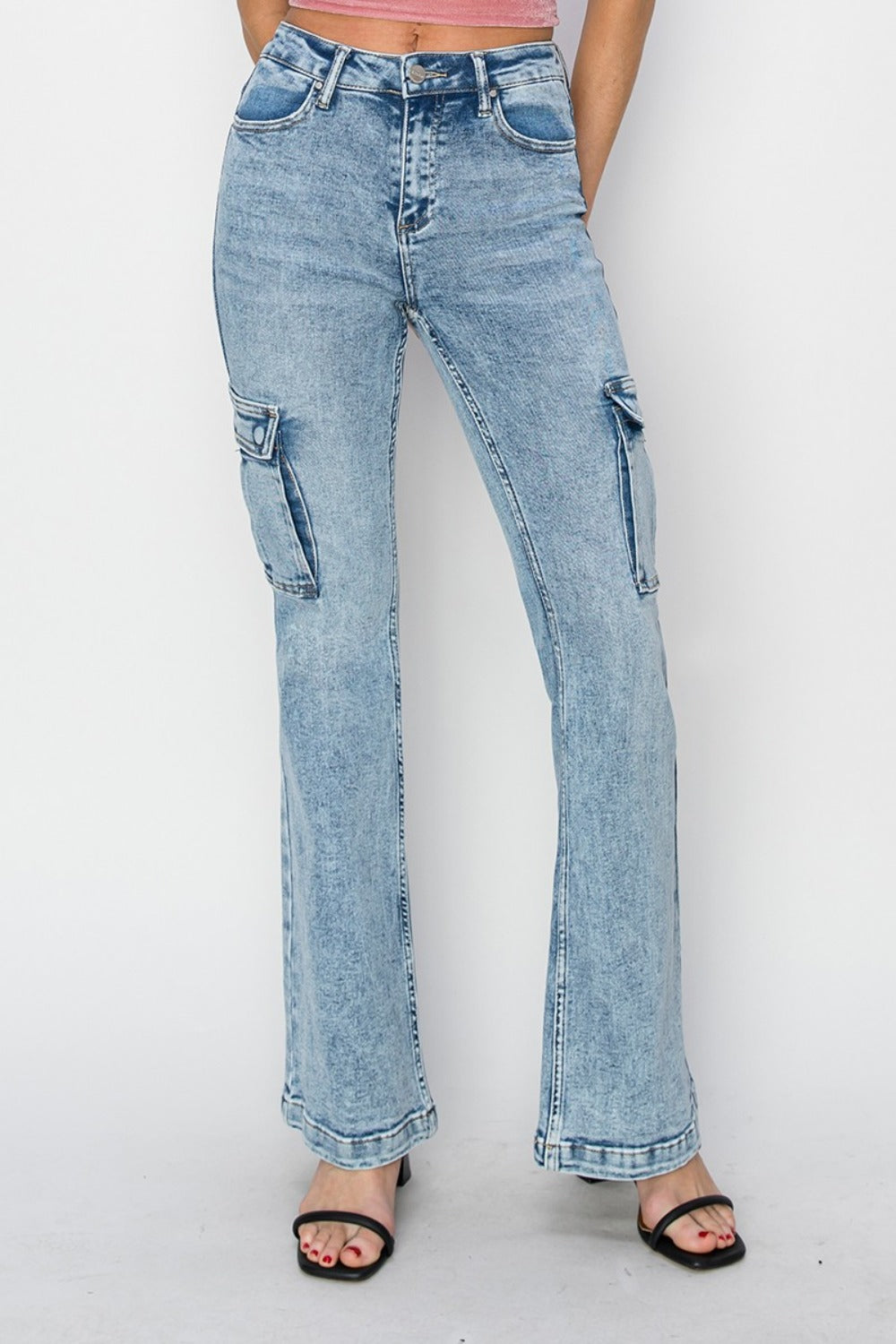 Full Size High Rise Cargo Flare Jeans