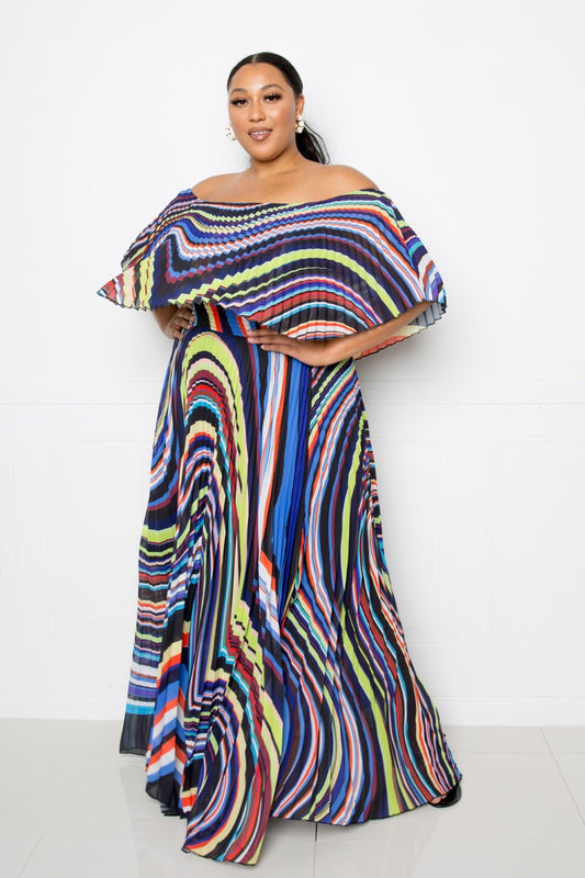 Plus Size Geo Printed Off Shoulder Pleated Maxi Dress