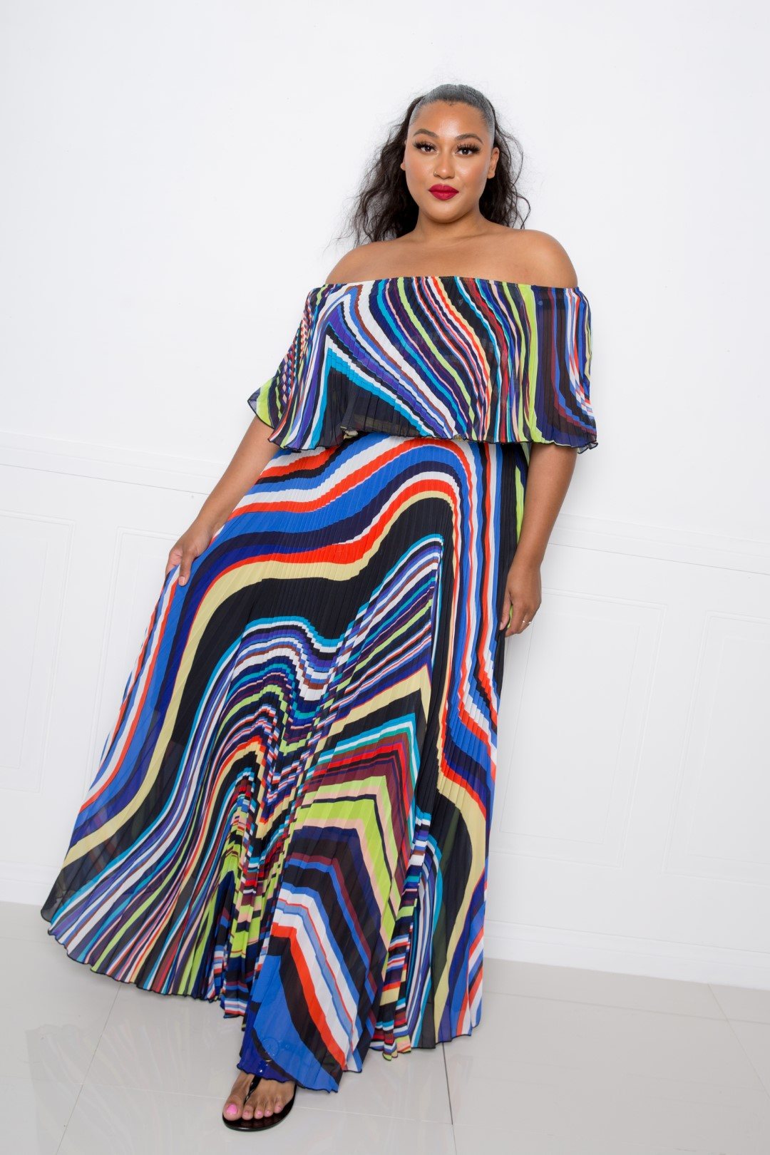 Plus Size Geo Printed Off Shoulder Pleated Maxi Dress