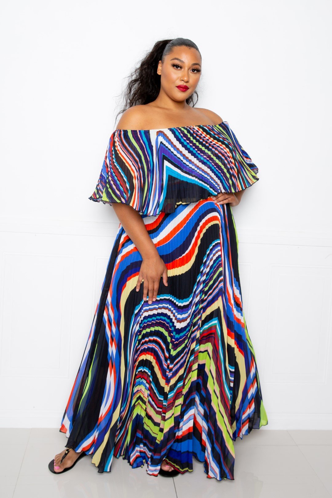 Plus Size Geo Printed Off Shoulder Pleated Maxi Dress