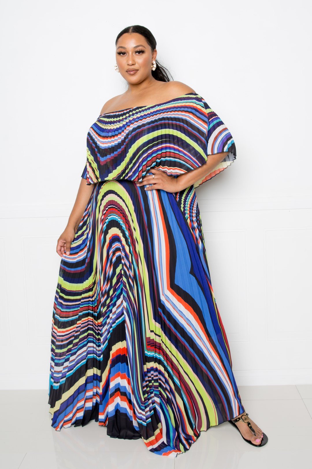 Plus Size Geo Printed Off Shoulder Pleated Maxi Dress