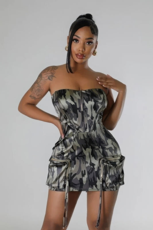 Camo Zipper Closure Stretch Tube Dress